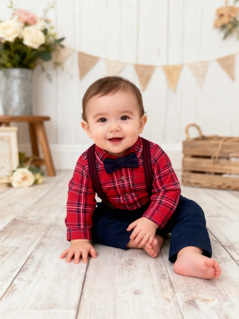 Carter's Red Plaid Shirt with Black Bow Tie and Black Suspender Pants